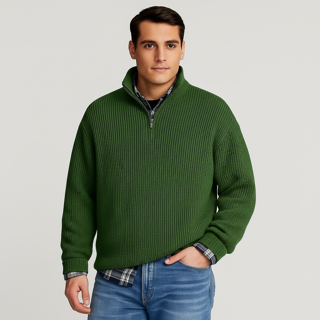 Men's Ribbed Half Zip Sweater with Stand Collar