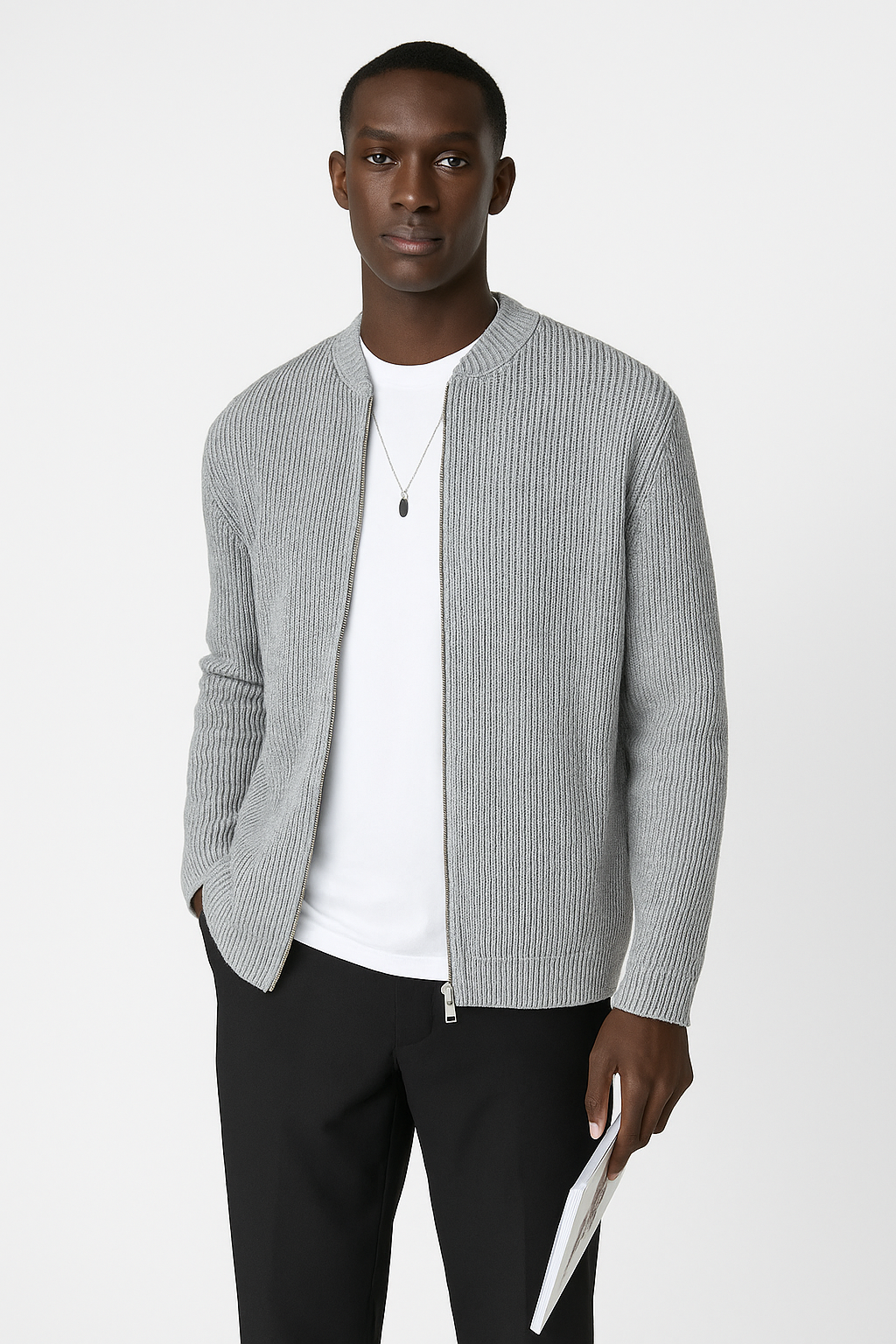 Men’s Ribbed Knit Cardigan - Stylish Double Zippered Sweater for Any Occasion