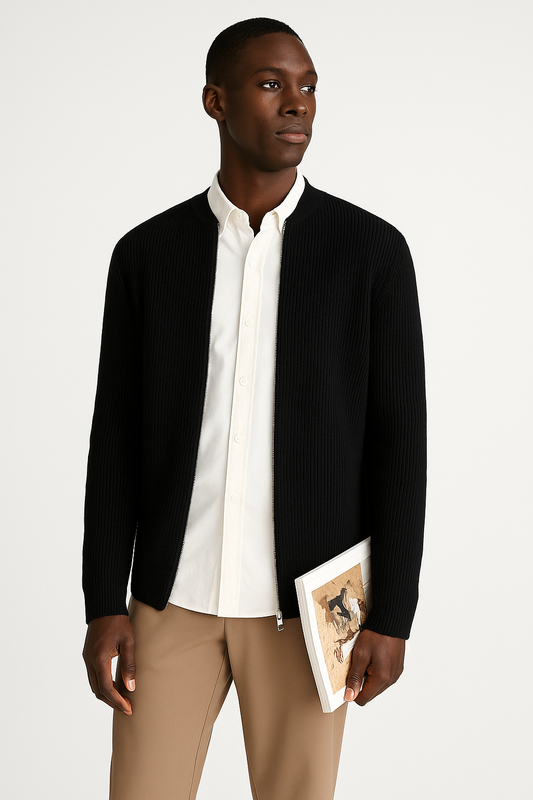 Men’s Ribbed Knit Cardigan - Stylish Double Zippered Sweater for Any Occasion