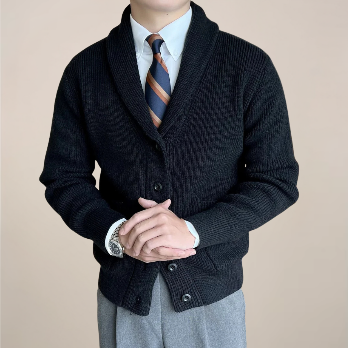 Men's Ribbed Knit Cardigan Sweater with Shawl Collar for Smart-Casual Wear