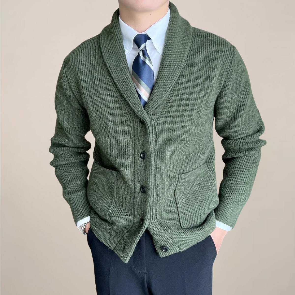 Men's Ribbed Knit Cardigan Sweater with Shawl Collar for Smart-Casual Wear