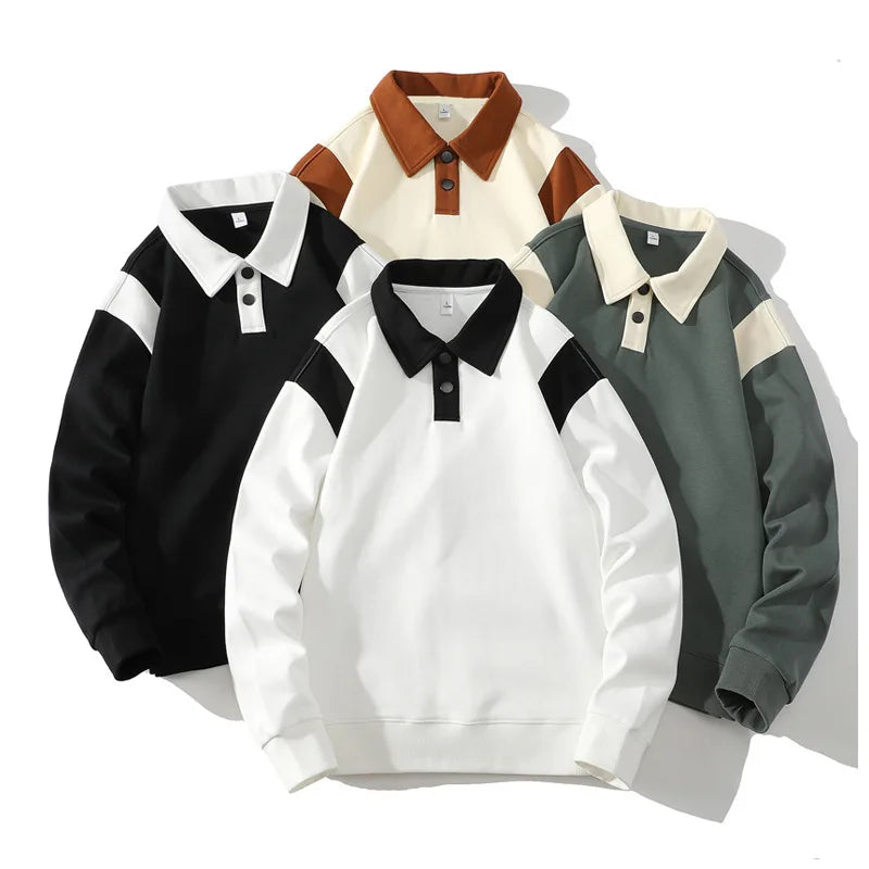 Men's Rugby Shirt Two-Tone Ribbed Cuffs Turn-Down Collar