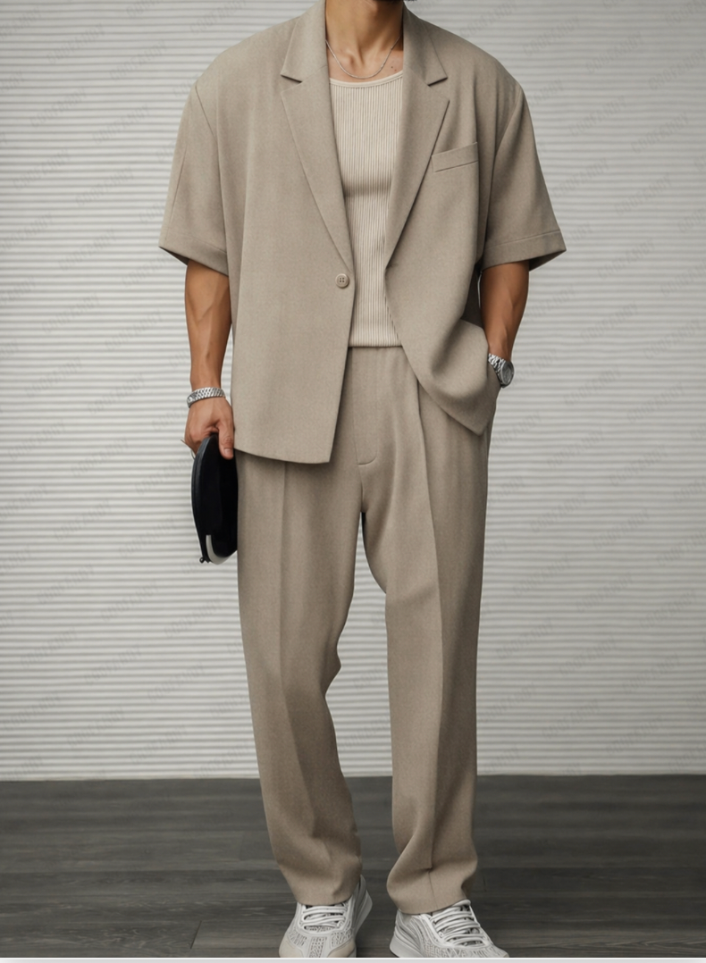 Men’s Short Sleeve Blazer and Trouser Ensemble for Formal and Social Events