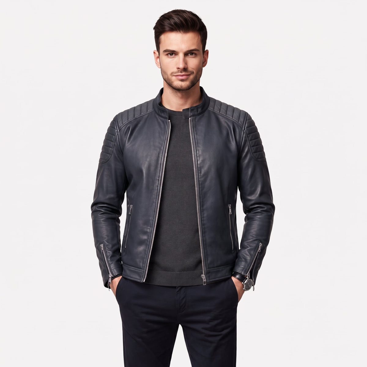 Men's Slim Fit Biker Jacket Stand Collar Zip Front