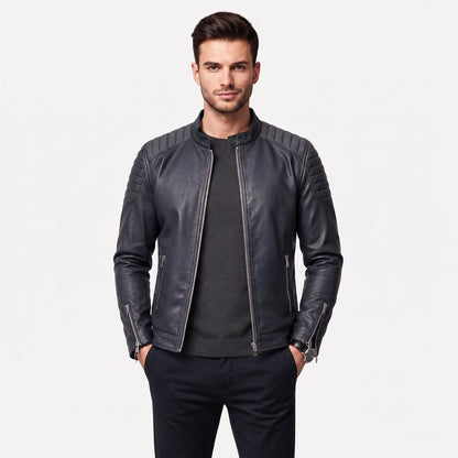 Men's Slim Fit Biker Jacket Stand Collar Zip Front
