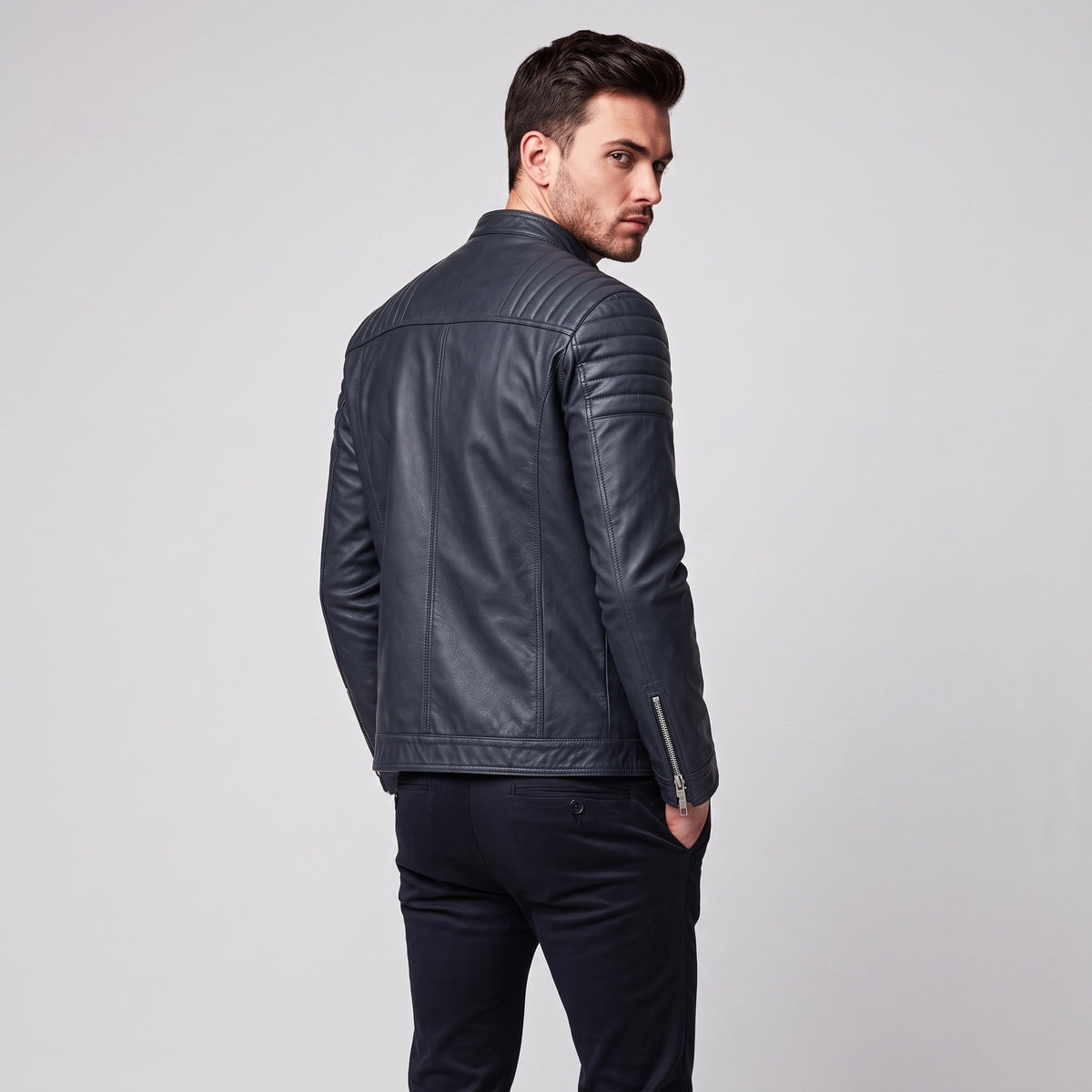 Men's Slim Fit Biker Jacket Stand Collar Zip Front