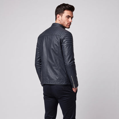 Men's Slim Fit Biker Jacket Stand Collar Zip Front