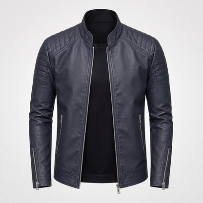 Men's Slim Fit Biker Jacket Stand Collar Zip Front