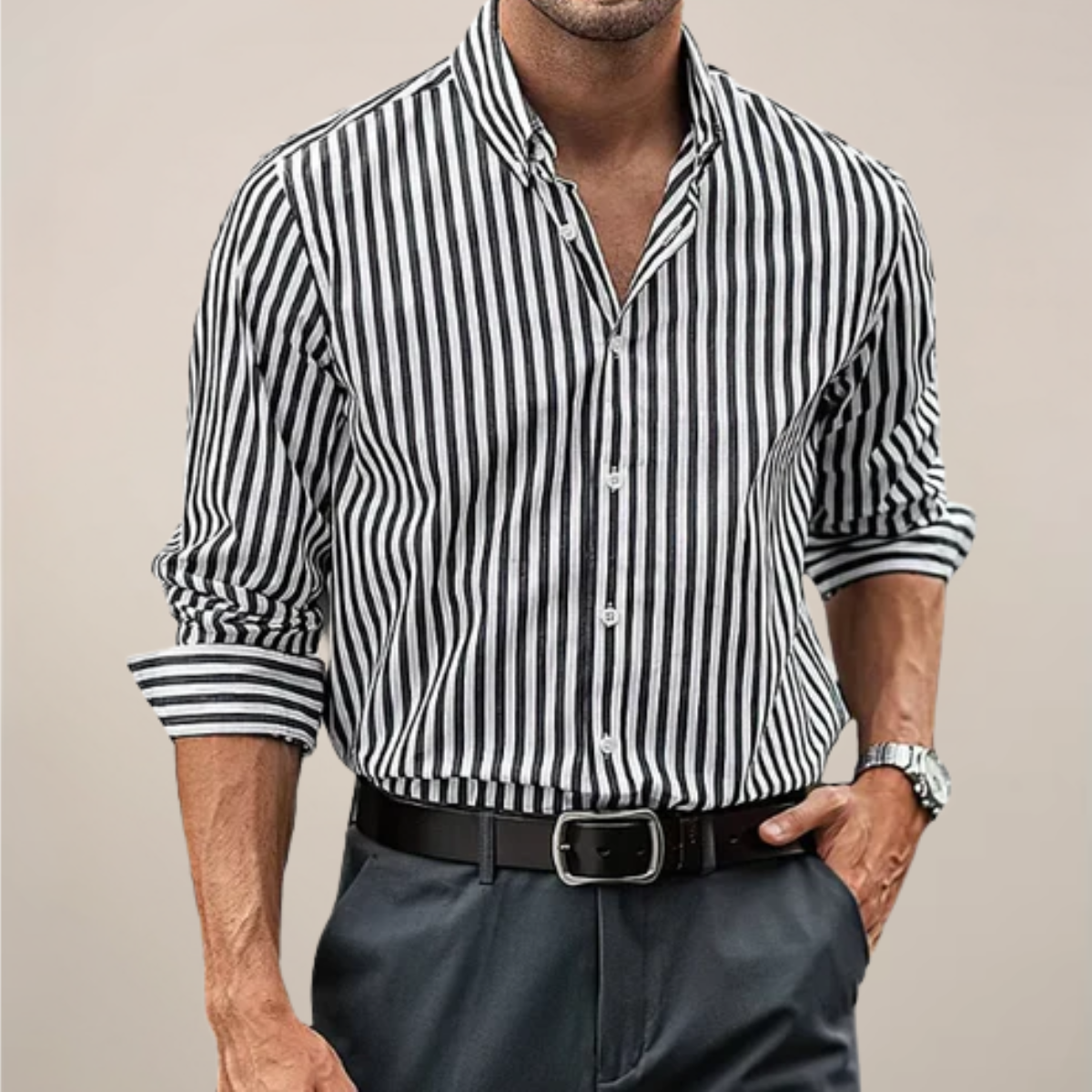 Men’s Striped Long Sleeve Button-Up Shirt for Smart Occasions