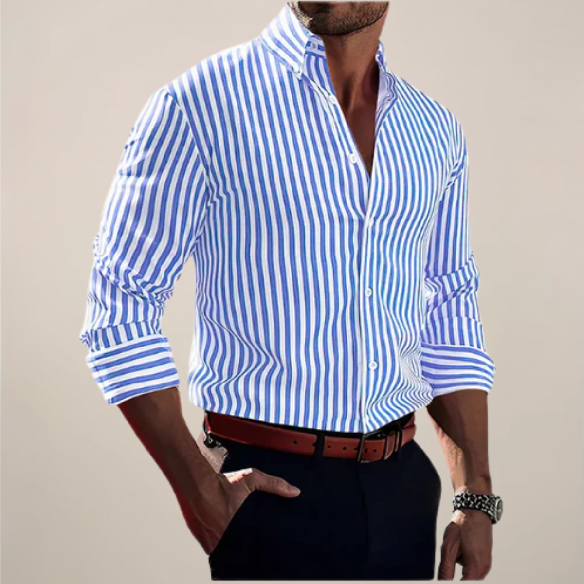 Men’s Striped Long Sleeve Button-Up Shirt for Smart Occasions