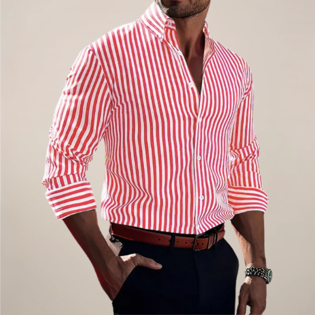 Men’s Striped Long Sleeve Button-Up Shirt for Smart Occasions