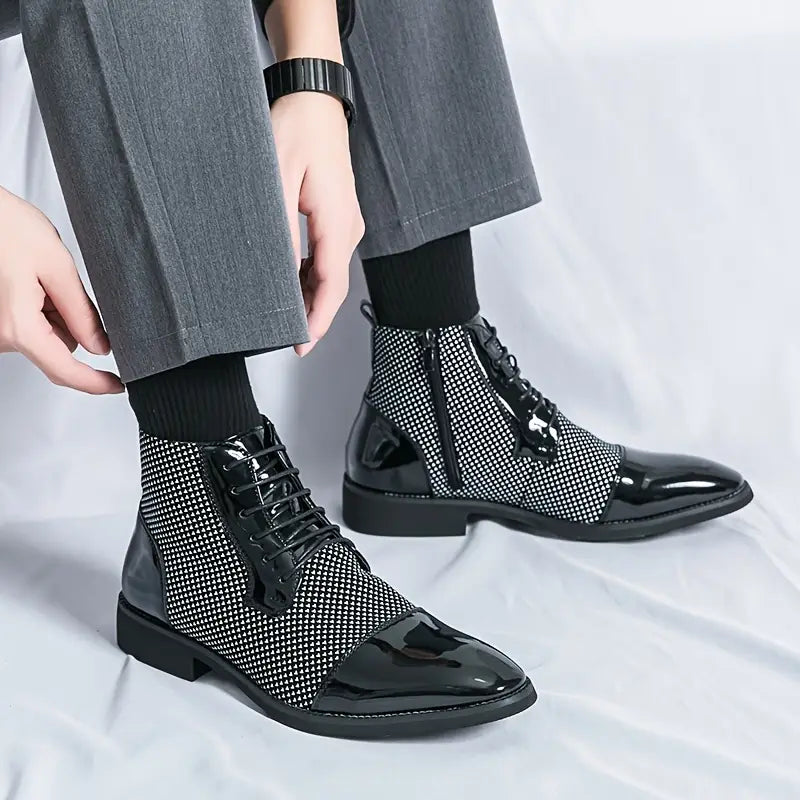 Men's Stylish High-Top Derby Shoes in Black & White Houndstooth
