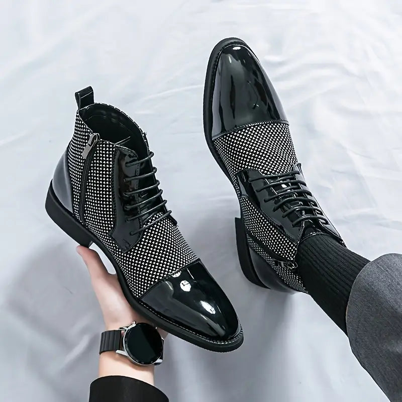Men's Stylish High-Top Derby Shoes in Black & White Houndstooth