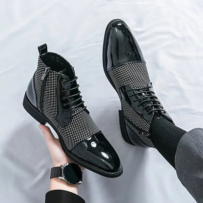 Men's Stylish High-Top Derby Shoes in Black & White Houndstooth