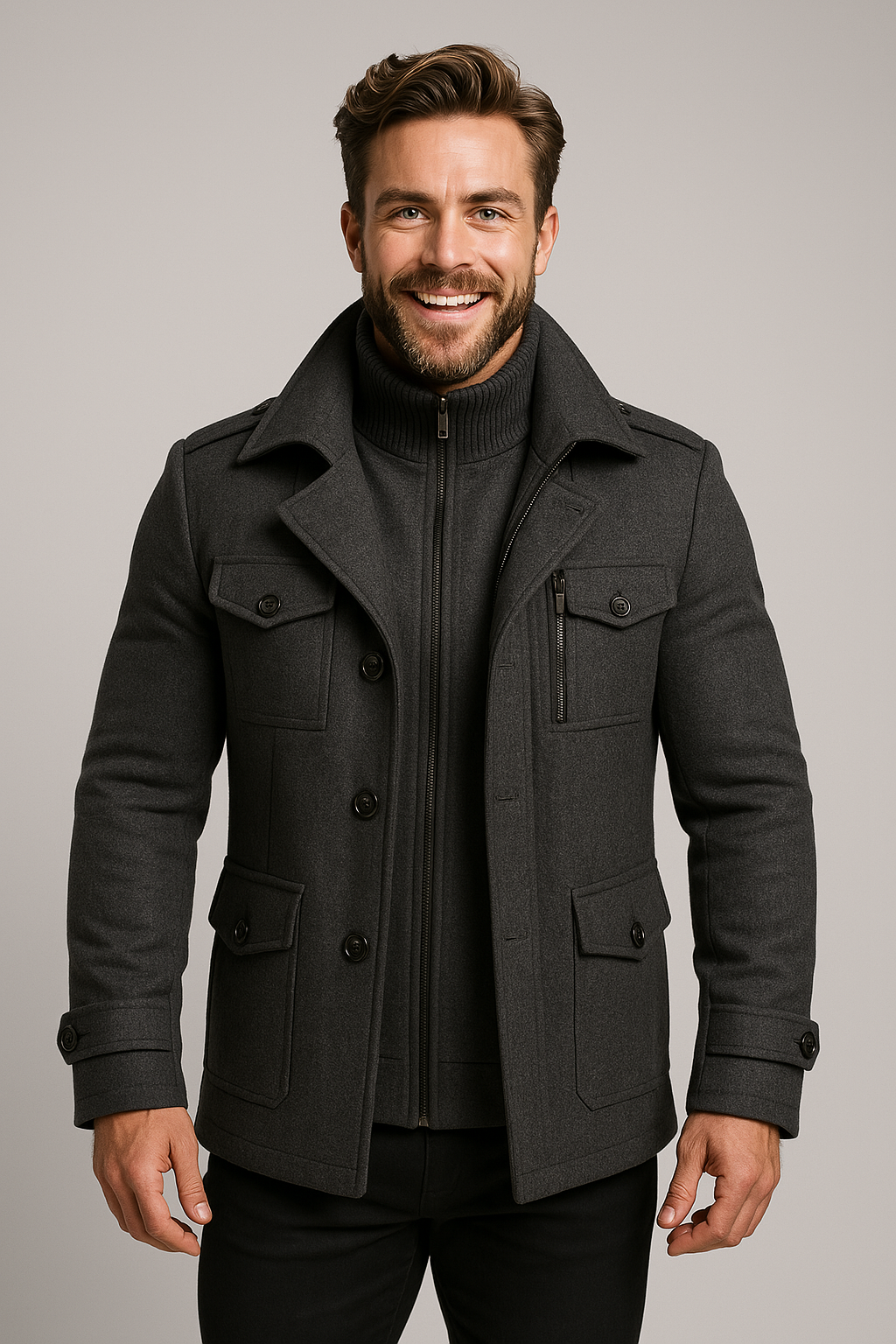 Men's Stylish Layered Long Jacket with Zip-In Insert