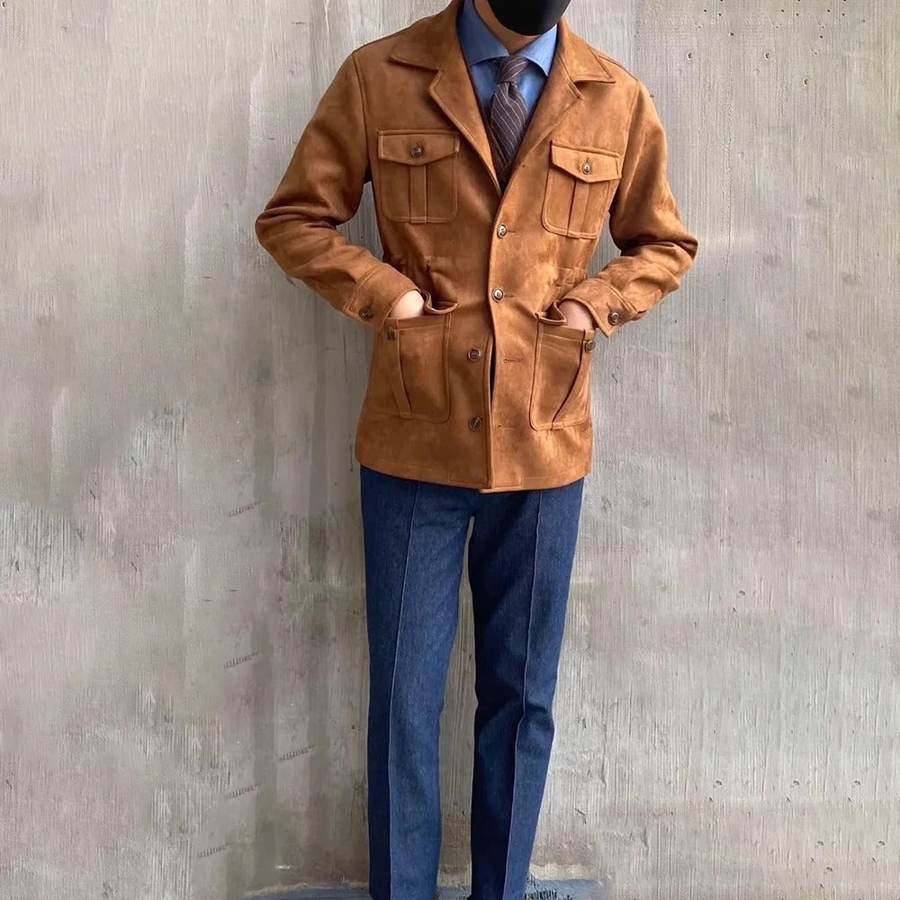 Men's Suede-Style Hunting Jacket – Four-Pocket Design for Outdoor Adventures