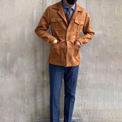 Men's Suede-Style Hunting Jacket – Four-Pocket Design for Outdoor Adventures