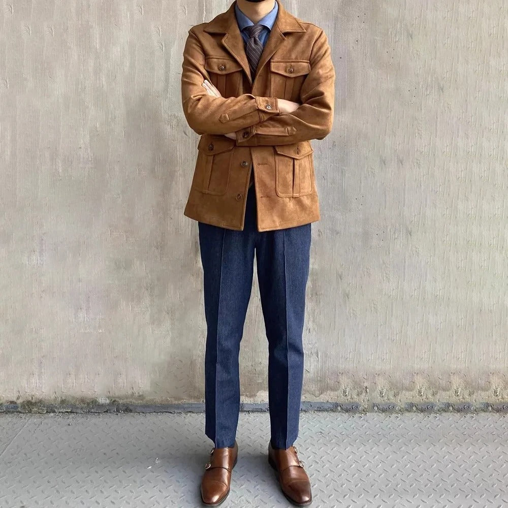 Men's Suede-Style Hunting Jacket – Four-Pocket Design for Outdoor Adventures