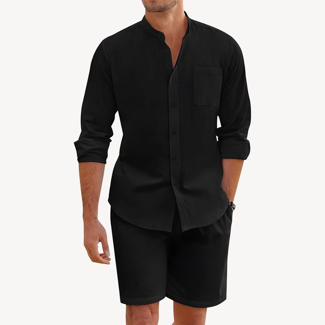 Men's Summer Button-Up Shirt and Drawstring Shorts Set – Ideal for Beach and Outdoor Wear