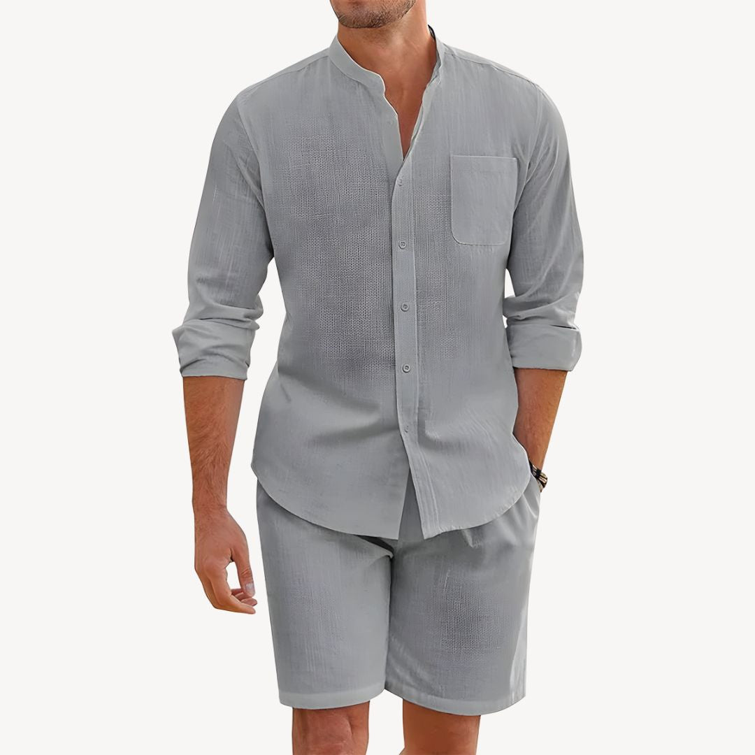 Men's Summer Button-Up Shirt and Drawstring Shorts Set – Ideal for Beach and Outdoor Wear