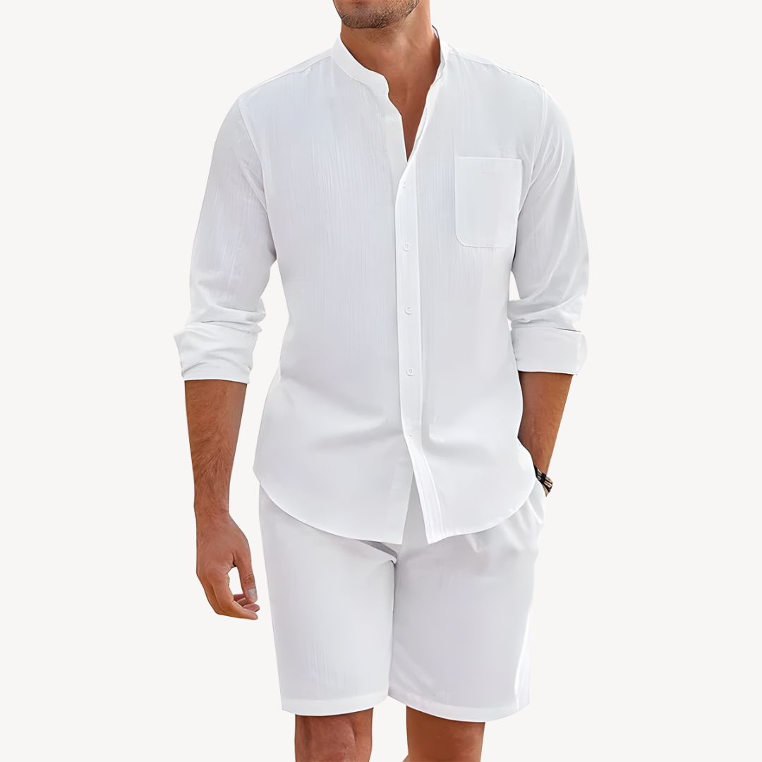 Men's Summer Button-Up Shirt and Drawstring Shorts Set – Ideal for Beach and Outdoor Wear