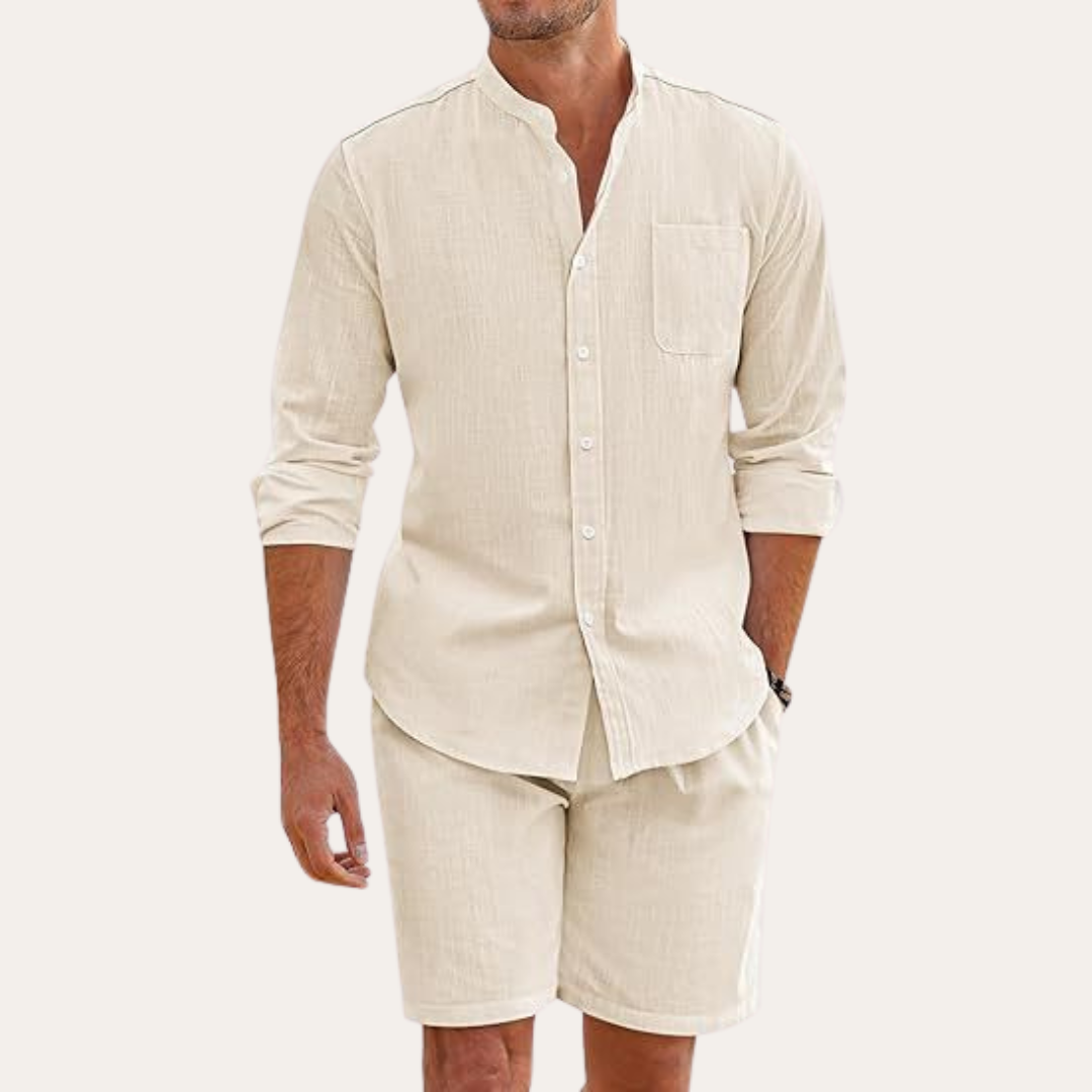 Men's Summer Two-Piece Set – Long Sleeve Shirt & Shorts for Beach or Outdoor Wear
