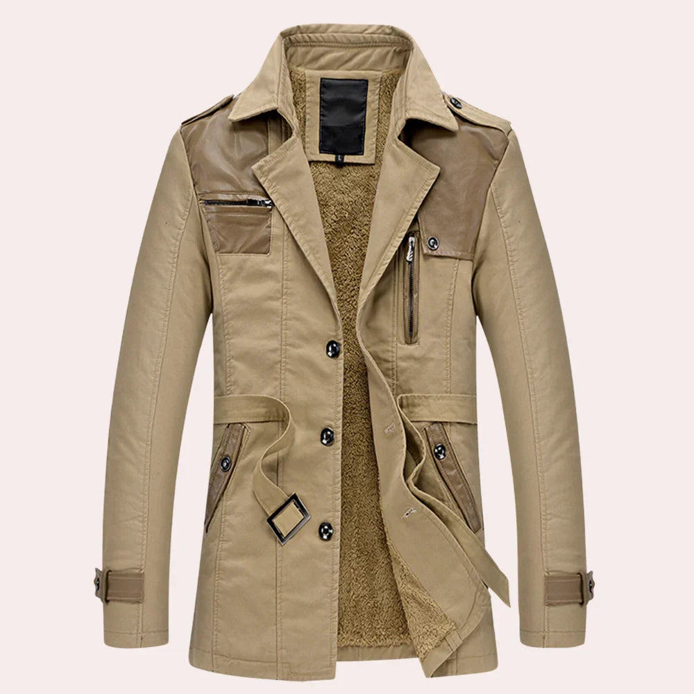 Men's Trench Coat Mid Length Button Front Zip Pocket