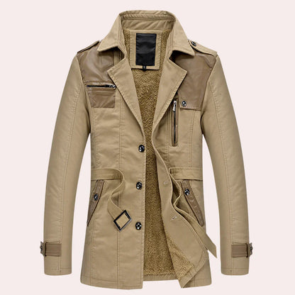 Men's Trench Coat Mid Length Button Front Zip Pocket