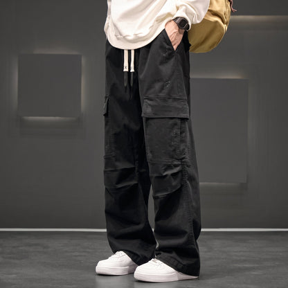 Men's Wide-Leg Cargo Trousers with Drawstring Waist