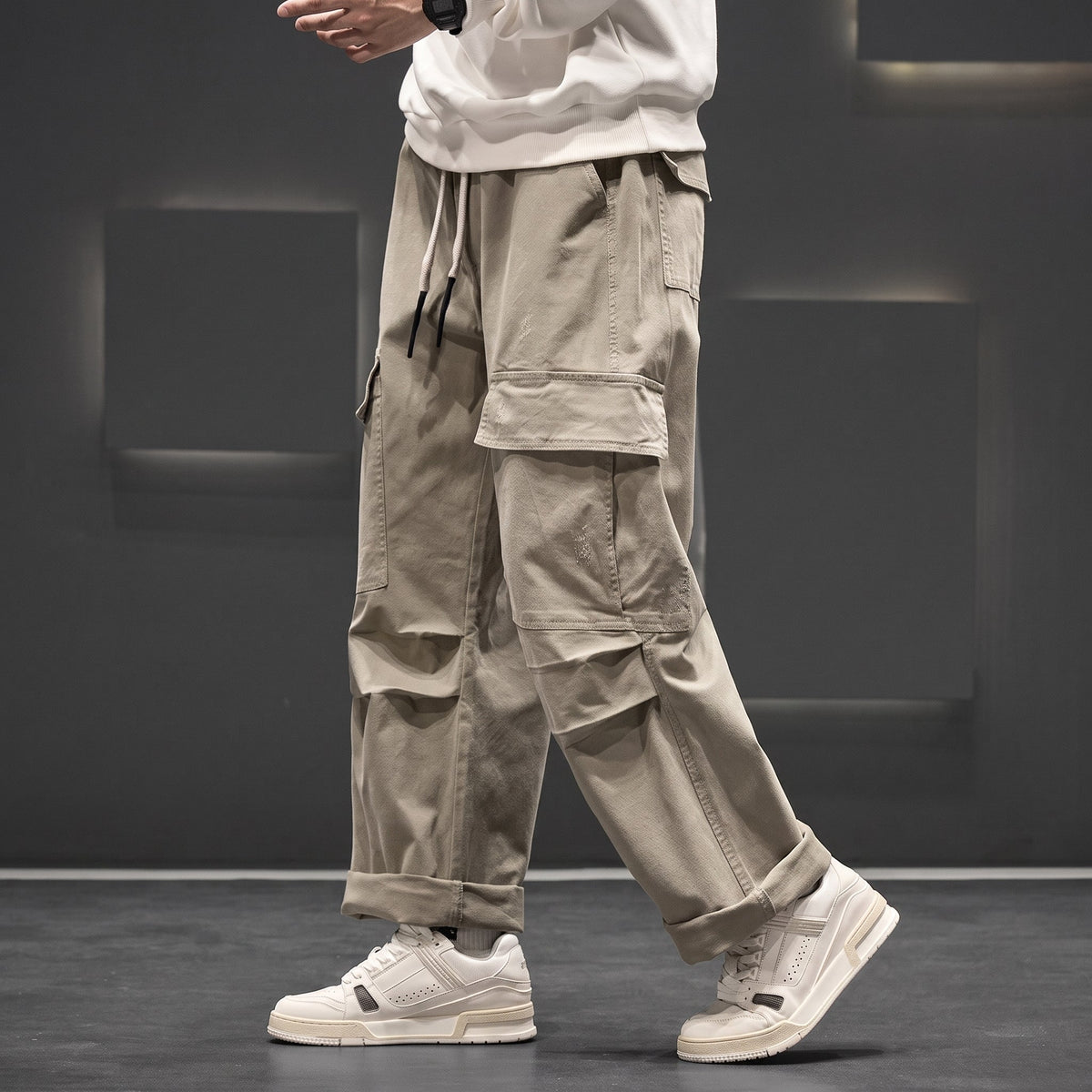 Men's Wide-Leg Cargo Trousers with Drawstring Waist