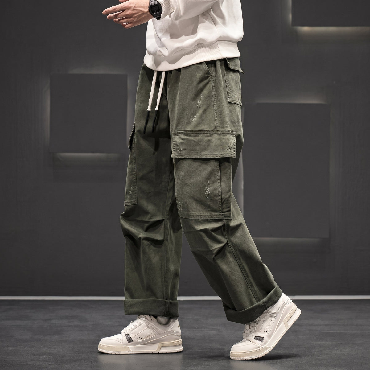Men's Wide-Leg Cargo Trousers with Drawstring Waist