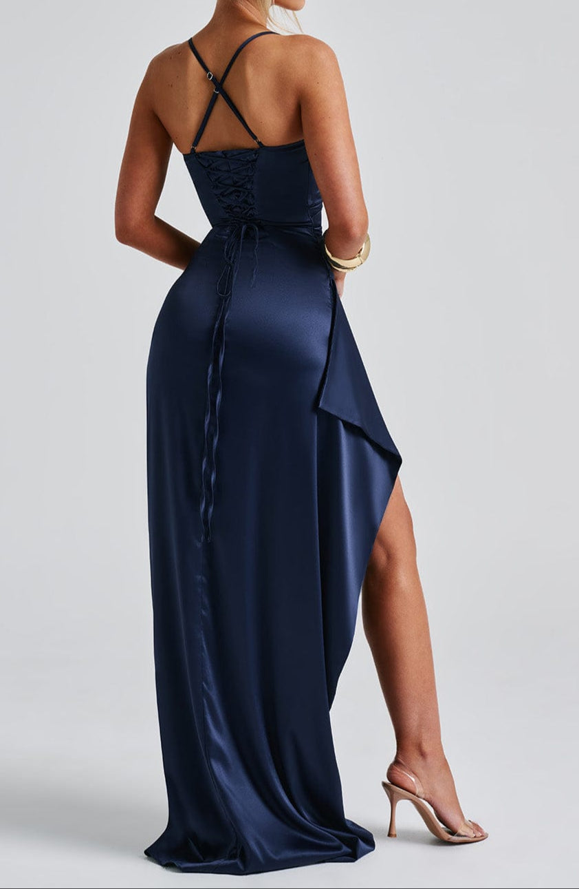 Navy Blue Spaghetti Strap Maxi Dress for Evening Events