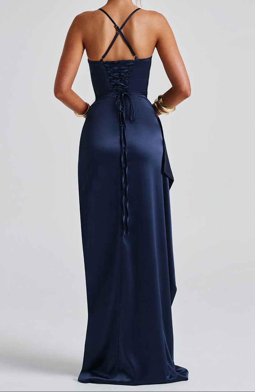 Navy Blue Spaghetti Strap Maxi Dress for Evening Events