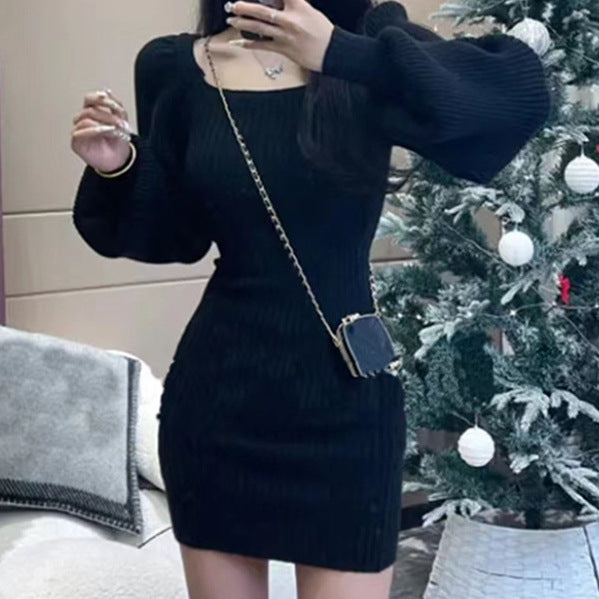 Women's Knit Dress | Puff Sleeves & Square Neckline 6