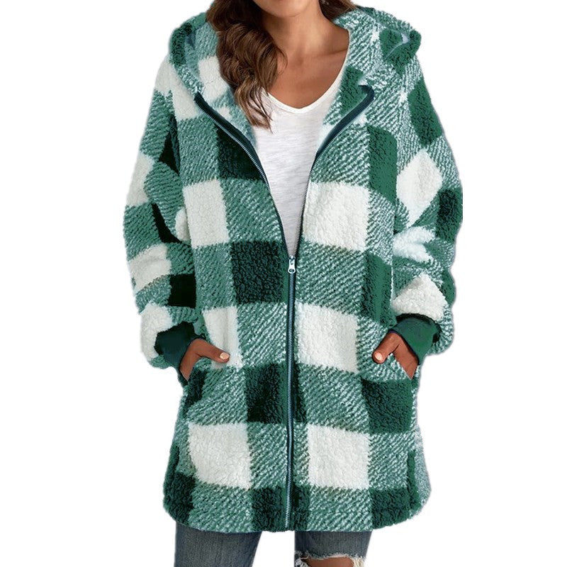 Women's Hooded Plaid Coat Relaxed Fit Winter Jacket 6