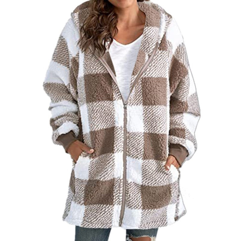 Women's Hooded Plaid Coat Relaxed Fit Winter Jacket 3