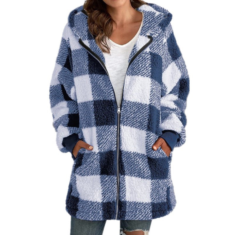 Women's Hooded Plaid Coat Relaxed Fit Winter Jacket 7