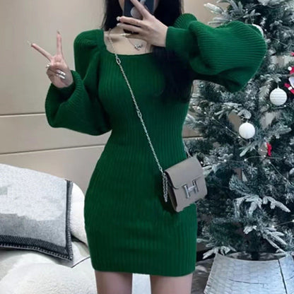 Women's Knit Dress | Puff Sleeves & Square Neckline 2
