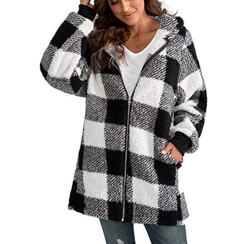 Women's Hooded Plaid Coat Relaxed Fit Winter Jacket 1