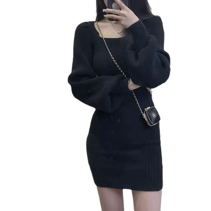 Women's Knit Dress | Puff Sleeves & Square Neckline 5