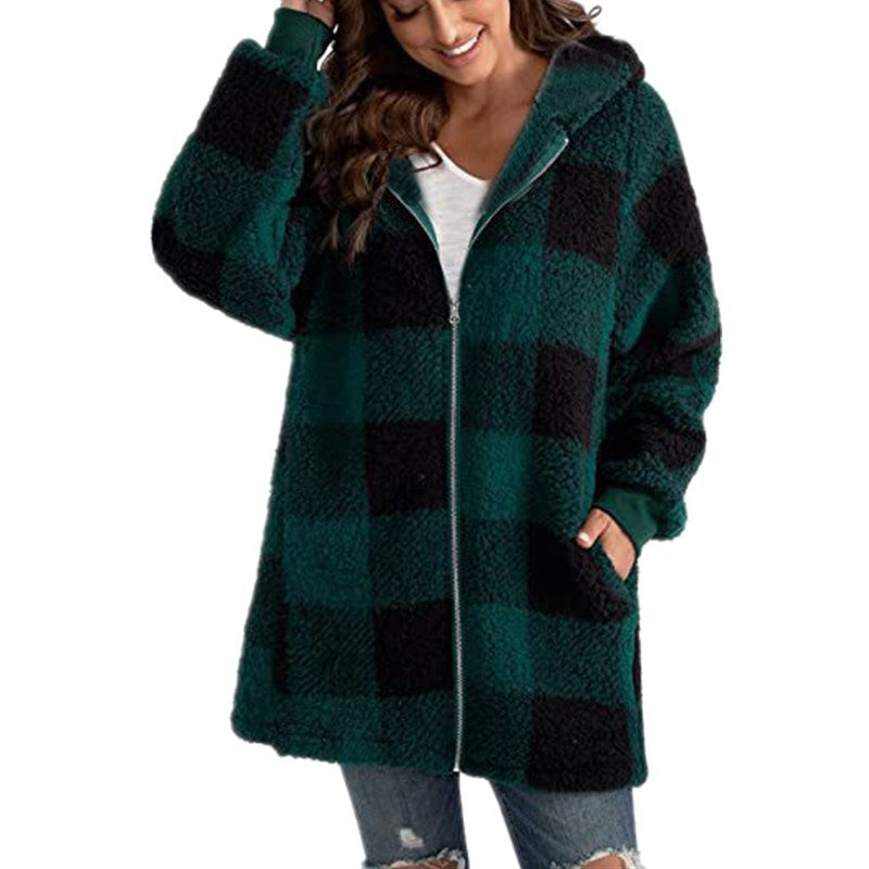 Women's Hooded Plaid Coat Relaxed Fit Winter Jacket 4