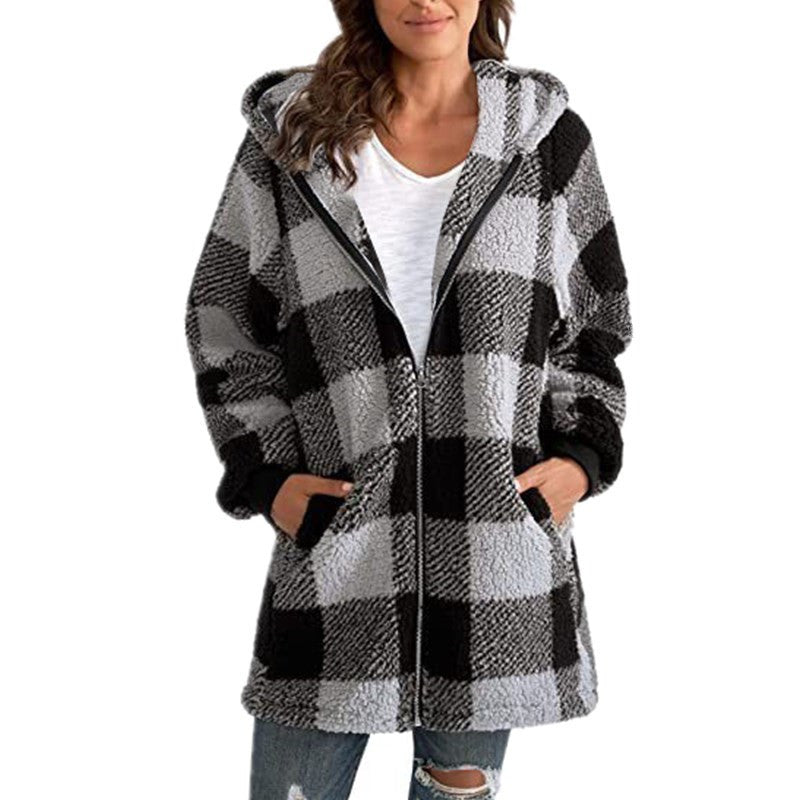 Women's Hooded Plaid Coat Relaxed Fit Winter Jacket 2
