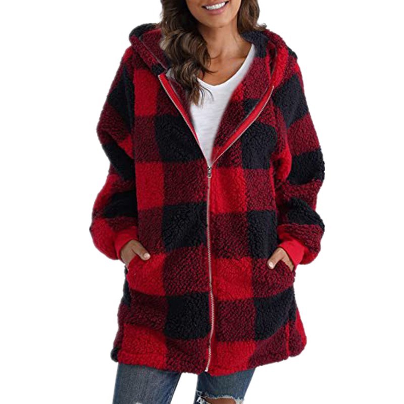 Women's Hooded Plaid Coat Relaxed Fit Winter Jacket 5