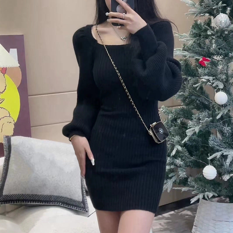 Women's Knit Dress | Puff Sleeves & Square Neckline 4
