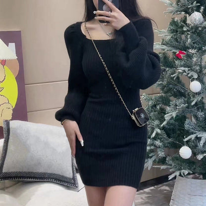 Women's Knit Dress | Puff Sleeves & Square Neckline 4