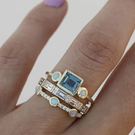 Ocean Wave Inspired Vintage Blue Crystal Ring Set for Everyday Glam