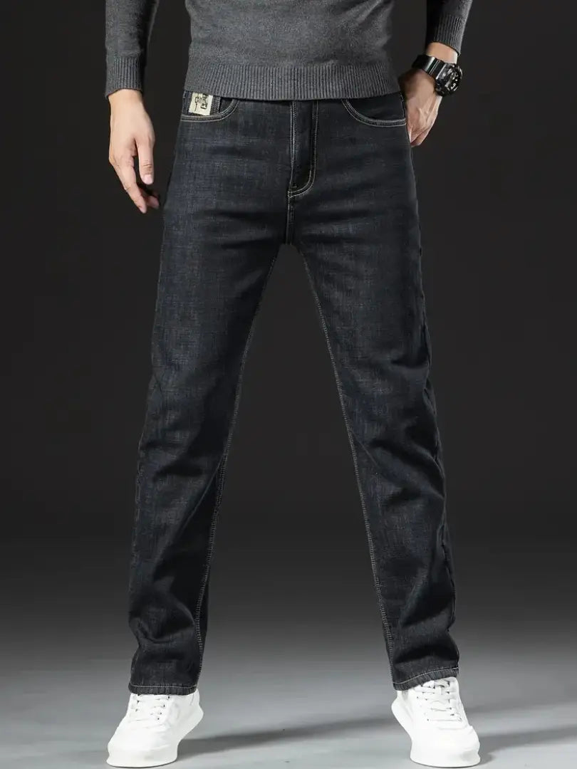 Denim trousers with fleece lining and straight leg fit for men