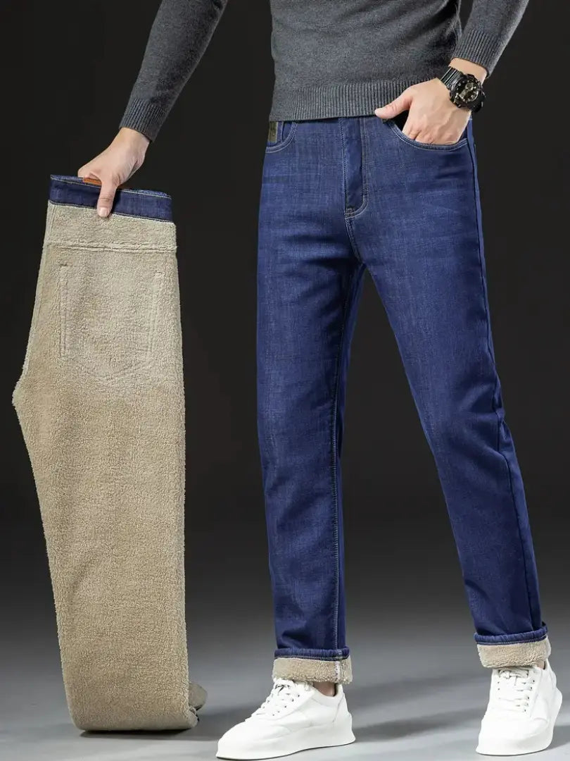 Fleece-lined denim jeans showing straight leg silhouette and five-pocket design