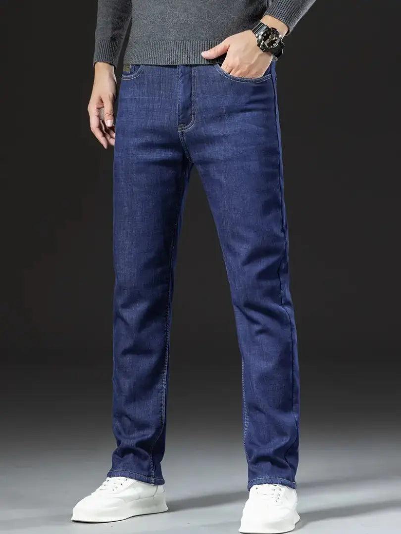 Denim jeans with fleece lining showing rear pockets and straight cut