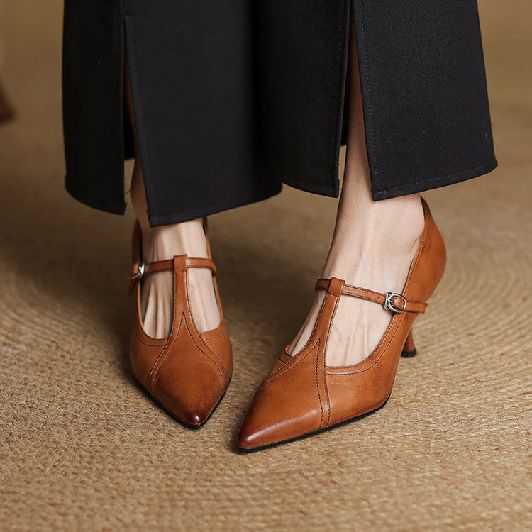 Pointed Toe T-Strap Ankle-Heels for Women – Elegant & Supportive Design 1